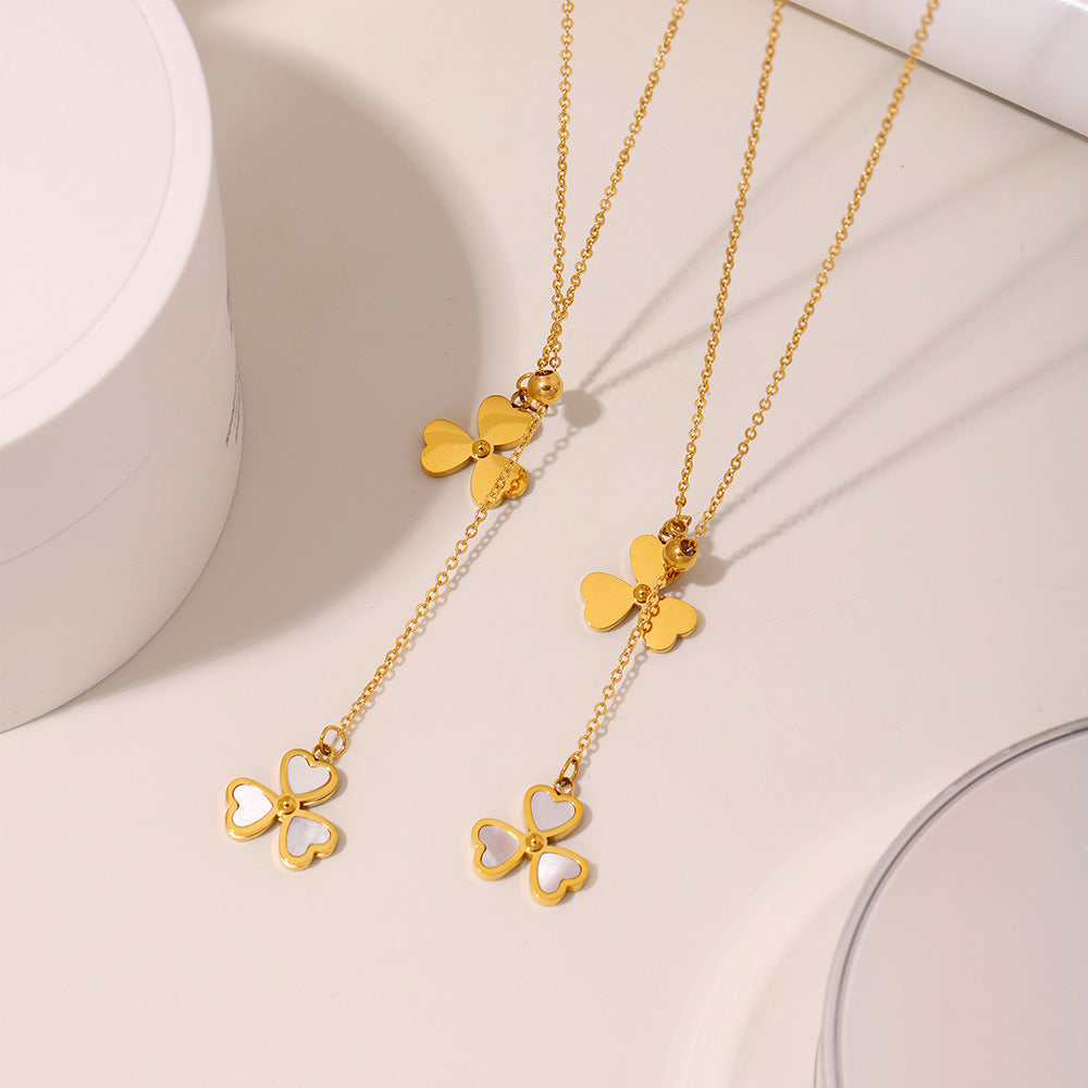 Stainless steel gold-plated natural mother-of-pearl heart-shaped three-leaf flower pendant, pull-out adjustable necklace, collarbone chain