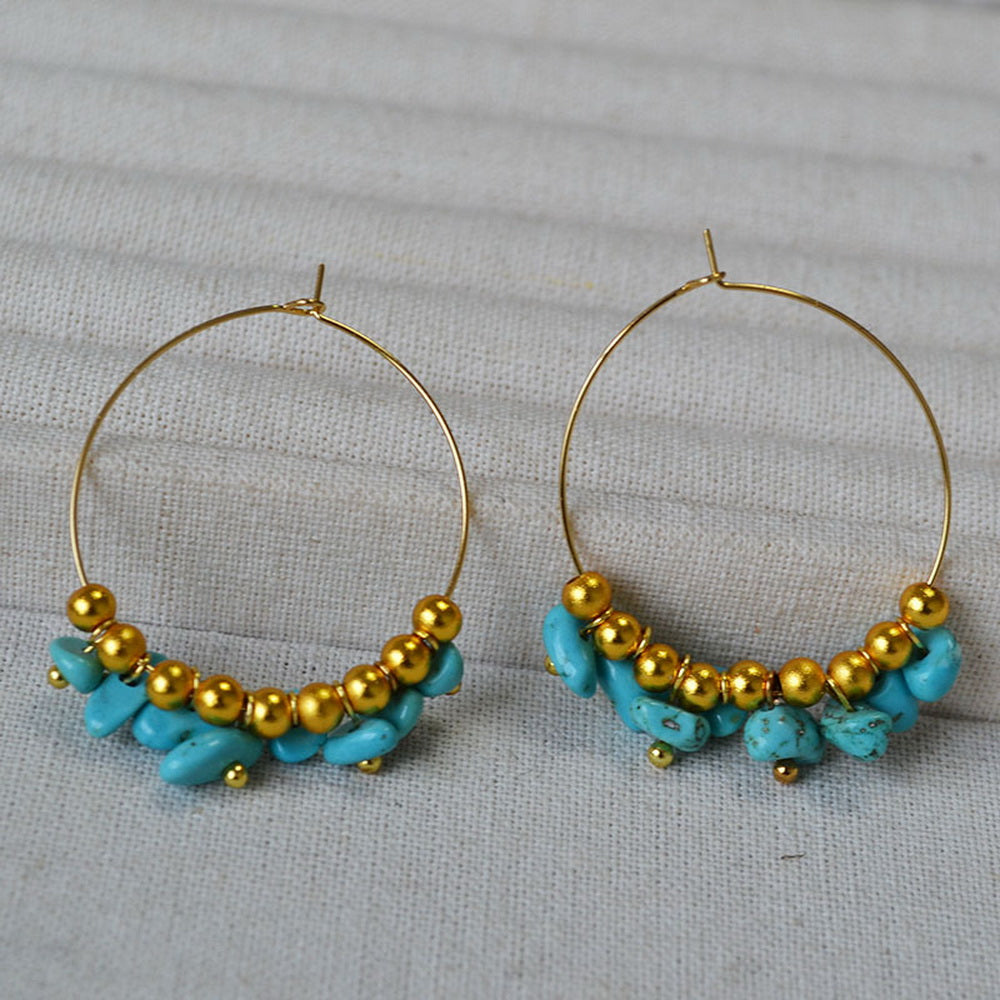 Irregular turquoise crushed stone beaded circle earrings