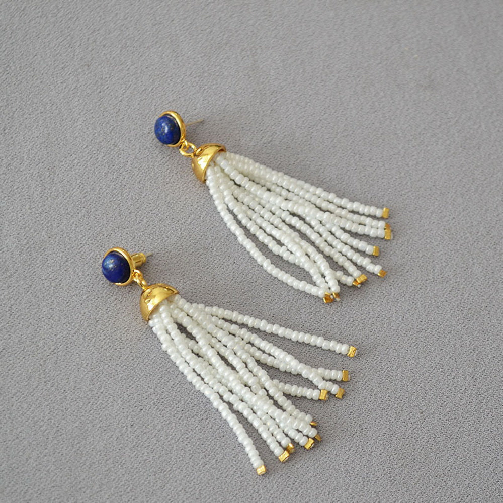 Lapis lazuli white rice bead tassel 925 silver needle earrings