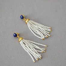 Load image into Gallery viewer, Lapis lazuli white rice bead tassel 925 silver needle earrings