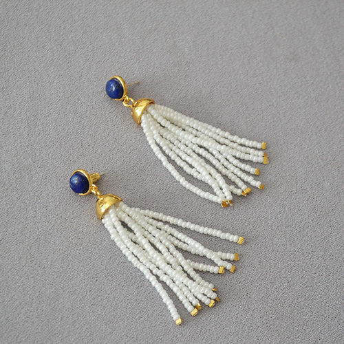 Lapis lazuli white rice bead tassel 925 silver needle earrings