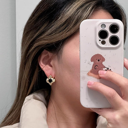 Brass gold-plated pleated texture black zircon irregular flower 925 silver needle earrings