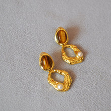 Load image into Gallery viewer, Water-drop tiger&#39;s eye stone brass gold-plated earrings