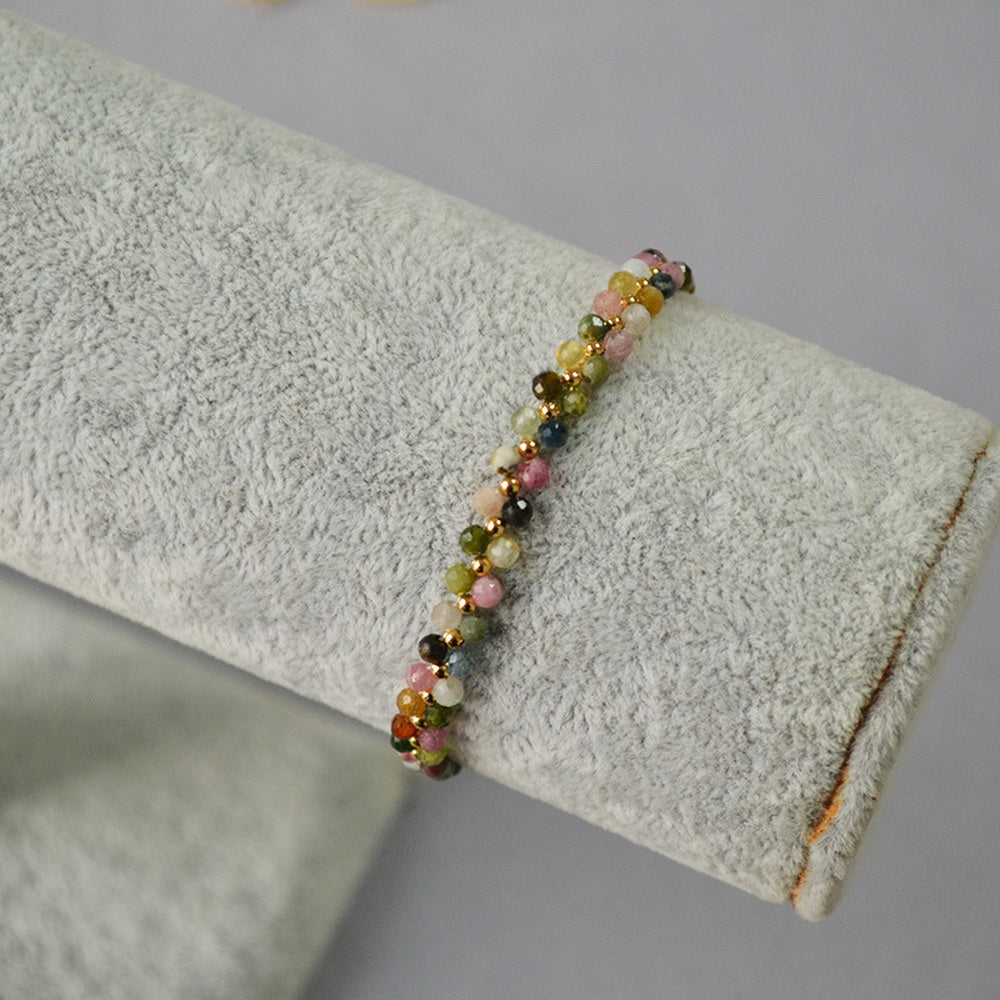 Colorful tourmaline natural stone woven flower beaded bracelet
