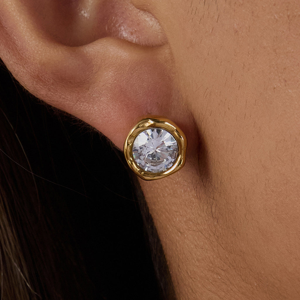 18K gold stainless steel round white zircon earrings