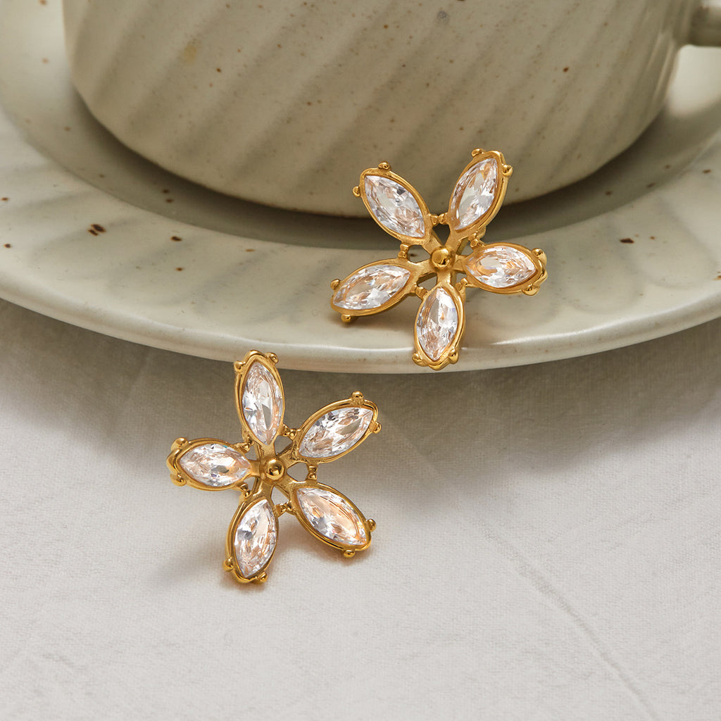 18K gold stainless steel white zircon flower earrings