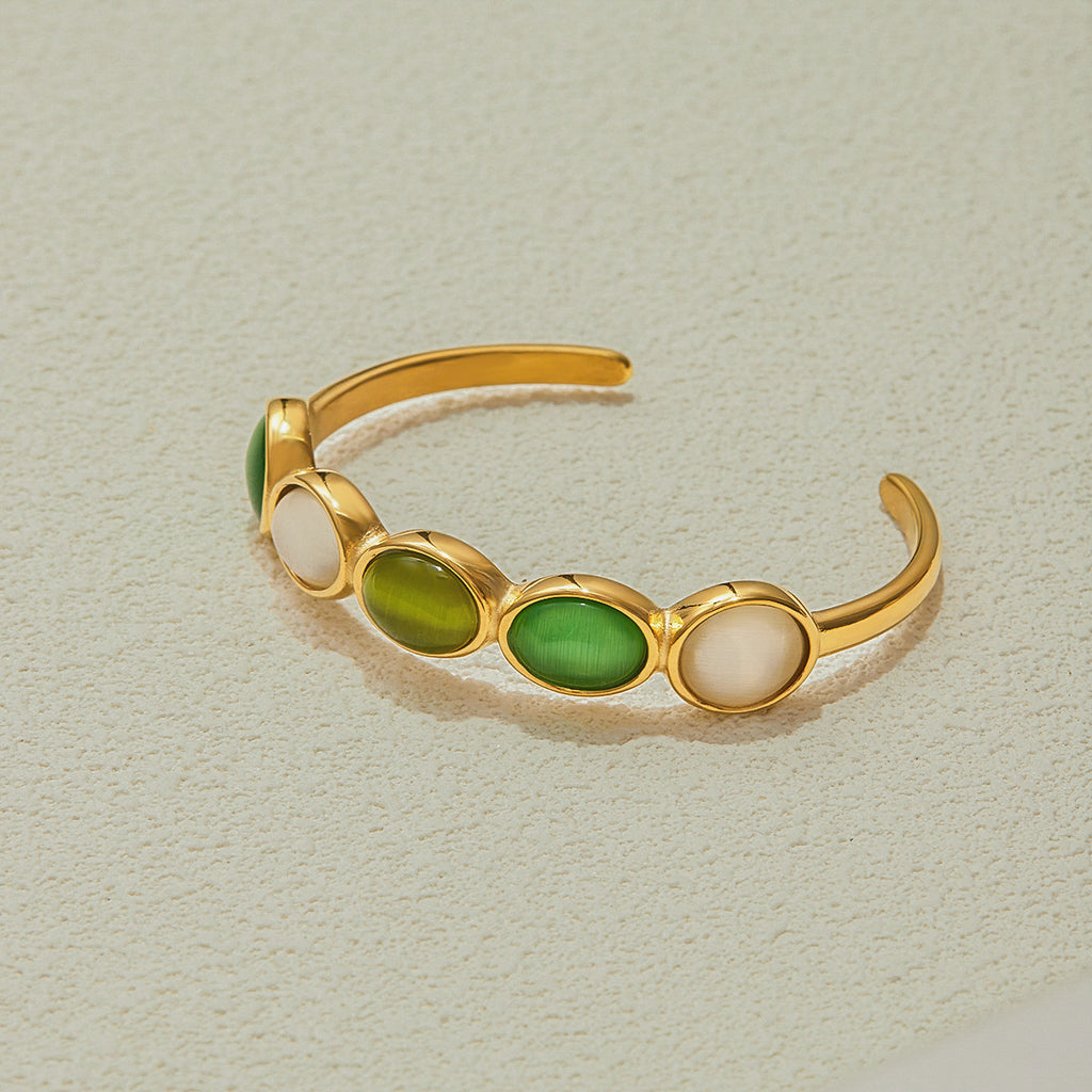 18K gold stainless steel green and white cat's eye open bracelet