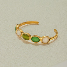 Load image into Gallery viewer, 18K gold stainless steel green and white cat&#39;s eye open bracelet