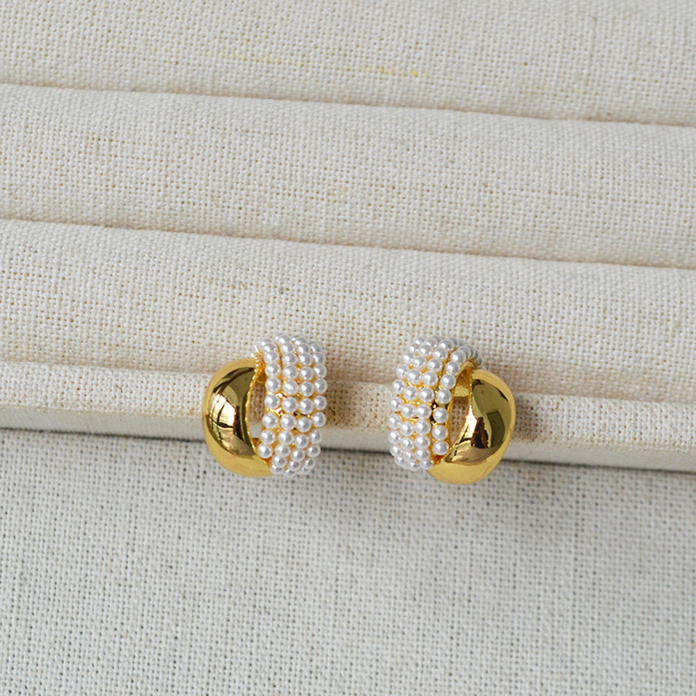Double C-cross brass gold-plated earrings set with imitation pearl 925 silver needle