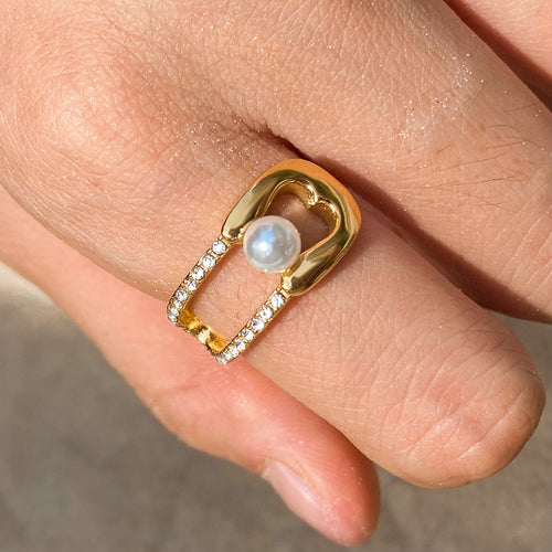 18K gold stainless steel pearl diamond-encrusted ring