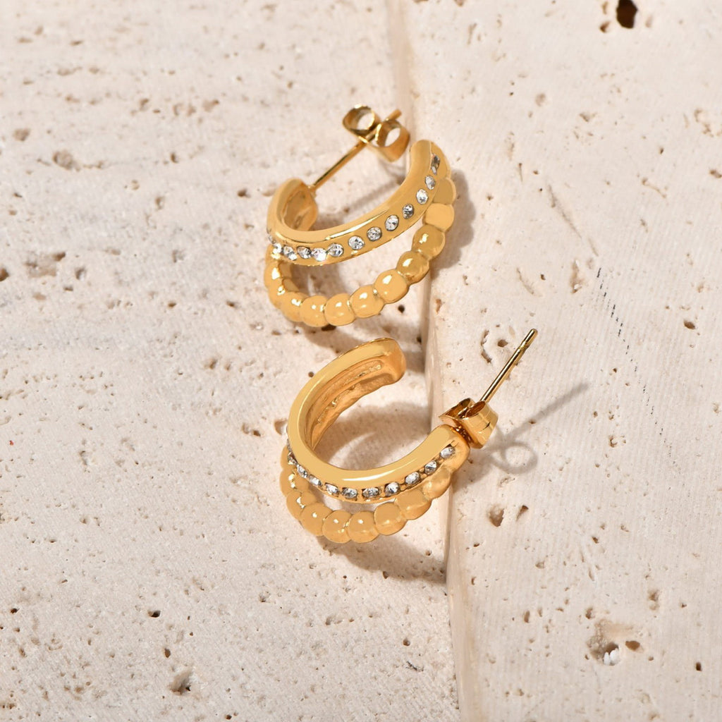 Stainless steel C-shaped double row beads set with zirconium earrings