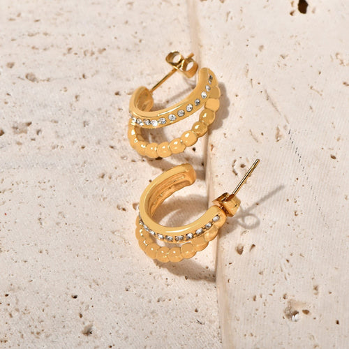 Stainless steel C-shaped double row beads set with zirconium earrings