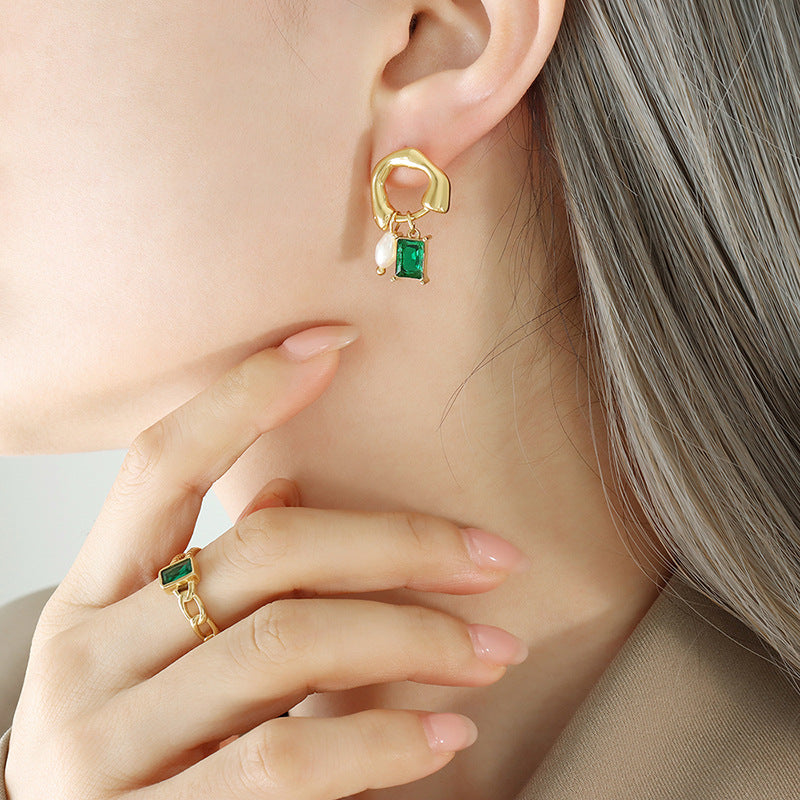 Stainless steel freshwater pearl glass stone crystal tassel earrings