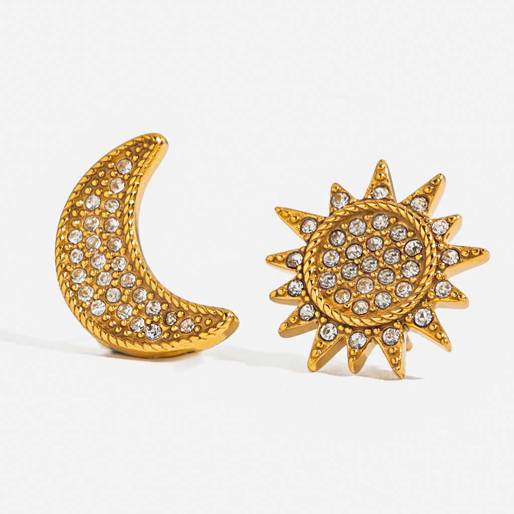 18K gold stainless steel moon and sun earrings with white diamonds