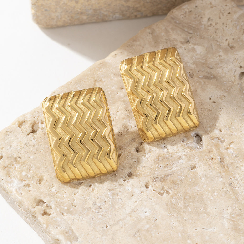 Stainless steel golden square wavy brushed earrings