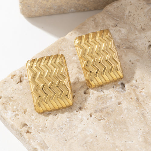 Stainless steel golden square wavy brushed earrings