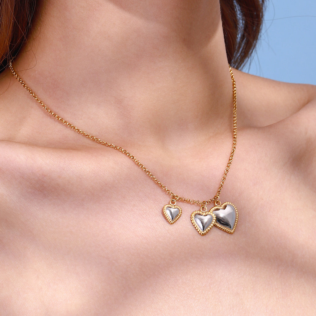 Stainless steel gold and silver color-matched heart-shaped pendant necklace