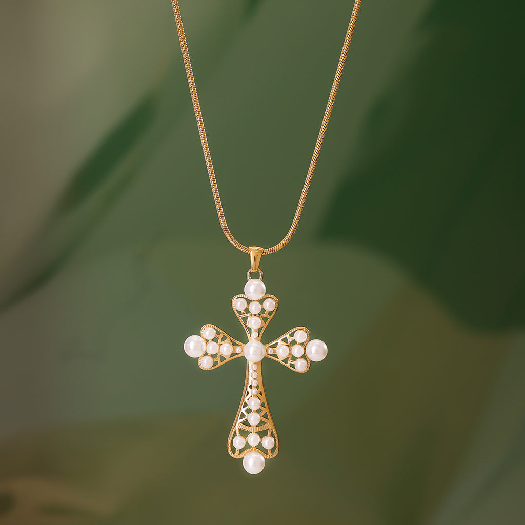 Stainless steel pearl style hollowed-out cross pendant necklace