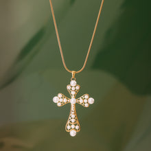 Load image into Gallery viewer, Stainless steel pearl style hollowed-out cross pendant necklace