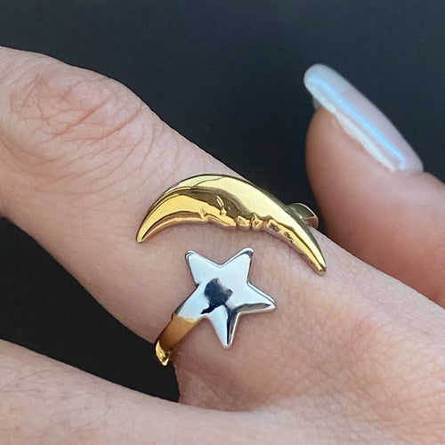 18K gold multicolored star and moon opening ring