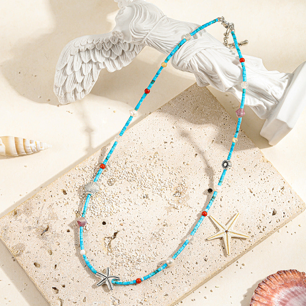 Colored natural stone pearl beaded necklace