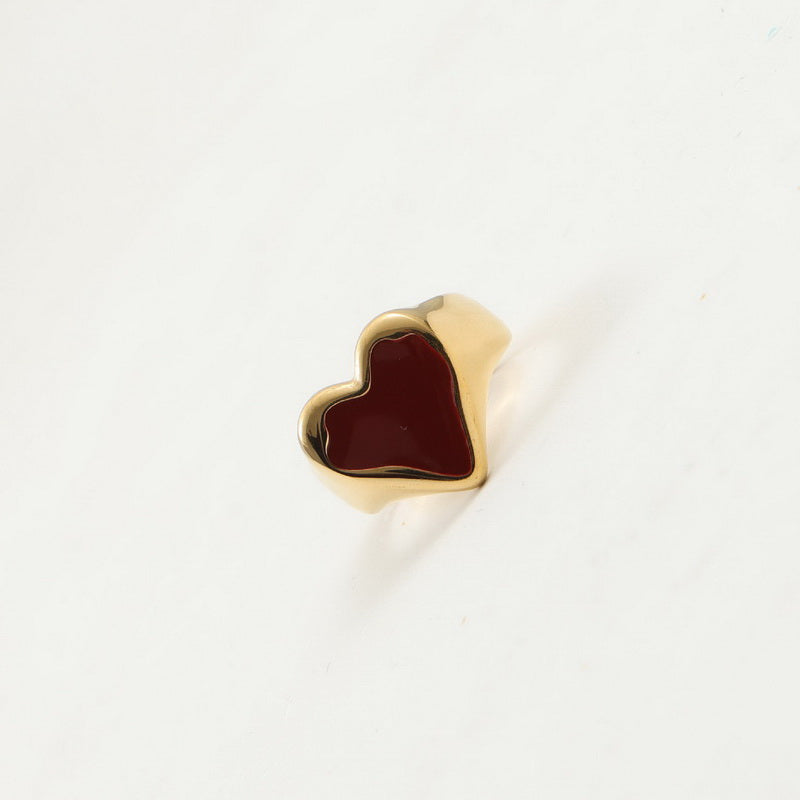 18K gold stainless steel oil-dripping red heart-shaped wide face ring