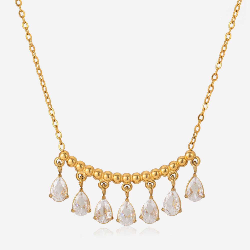 Golden stainless steel teardrop-shaped zircon necklace