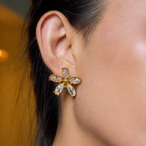 18K gold stainless steel white zircon flower earrings