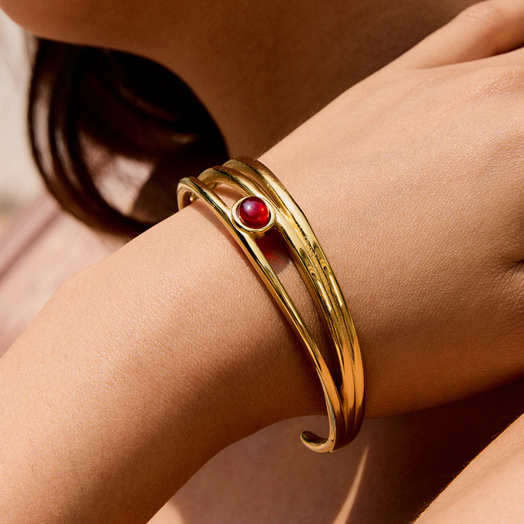Stainless steel red natural stone open bracelet