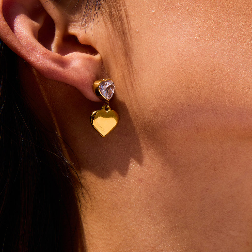 18K gold stainless steel zirconium-encrusted heart pendant earrings