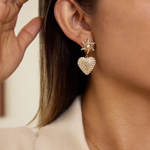 Golden stainless steel pearl heart-shaped rhinestone pendant earrings