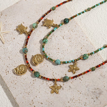Load image into Gallery viewer, Natural green turquoise starfish beaded necklace