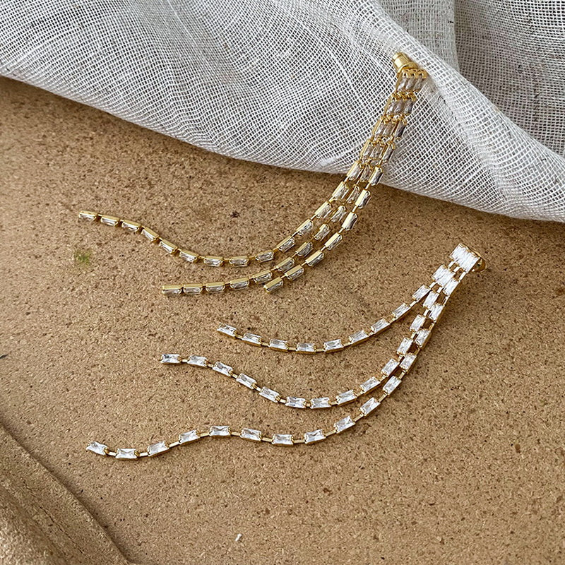 925 silver needle and diamond-encrusted tassel long earrings