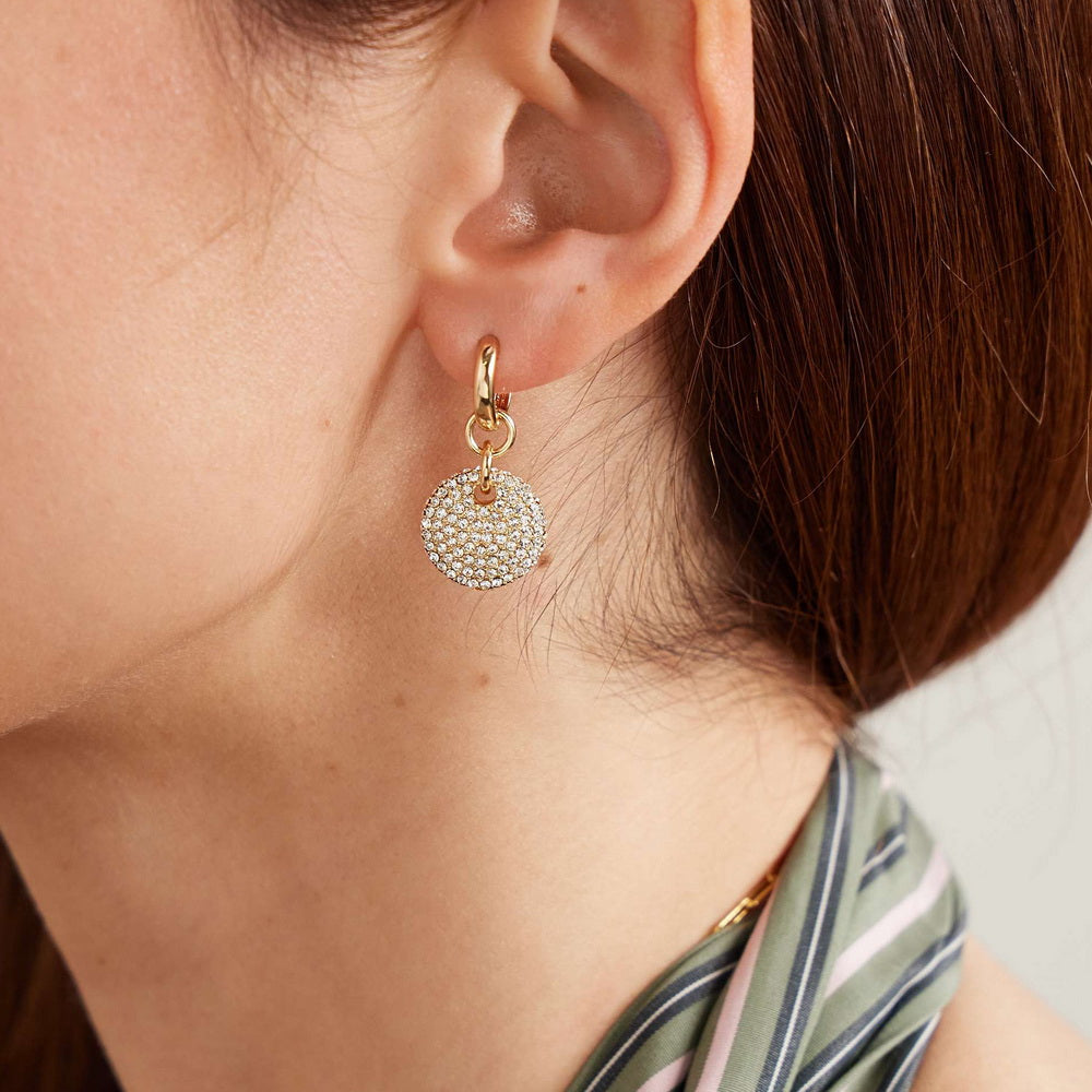 Golden stainless steel white diamond round pendant earrings