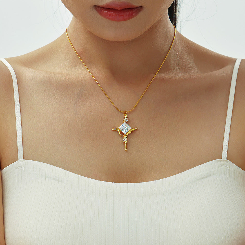 Stainless steel zircon cross pendant necklace collarbone chain