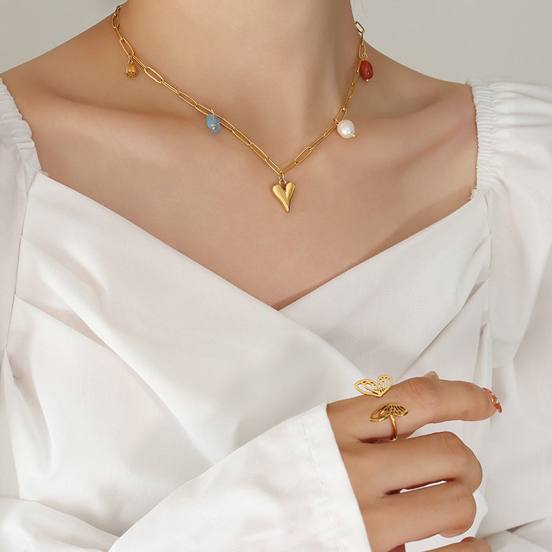 Stainless steel heart-shaped freshwater pearl natural stone pendant necklace collarbone chain