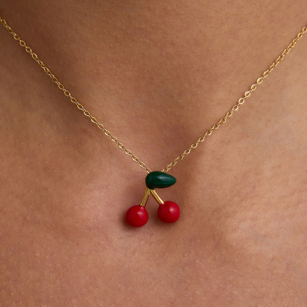Stainless steel red cherry pendant necklace