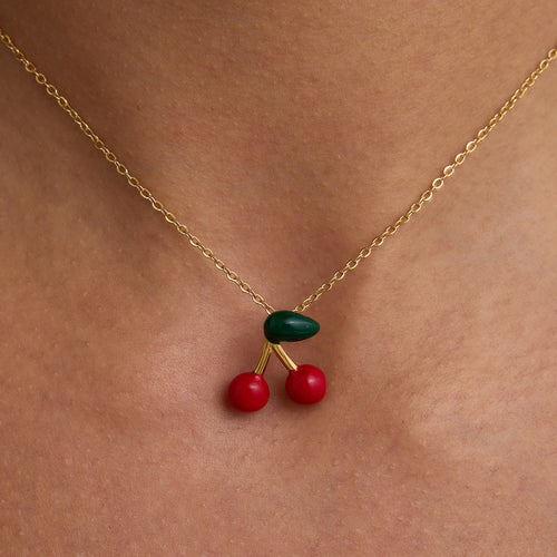 Stainless steel red cherry pendant necklace