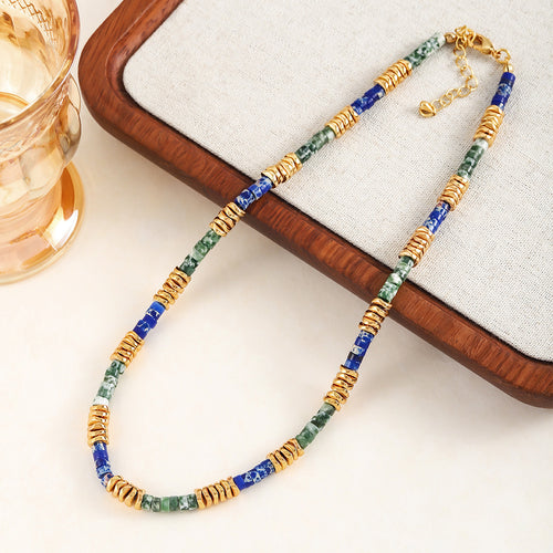 A hand-beaded necklace made of colored natural stone