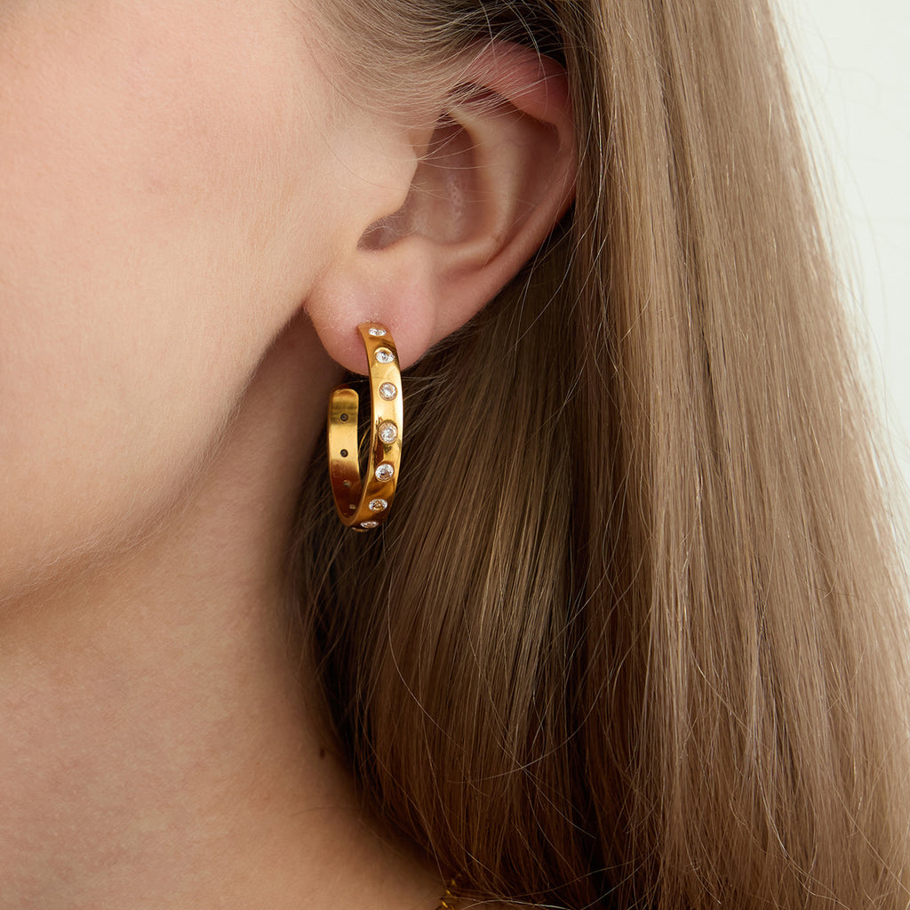 Golden stainless steel zircon C-shaped earrings