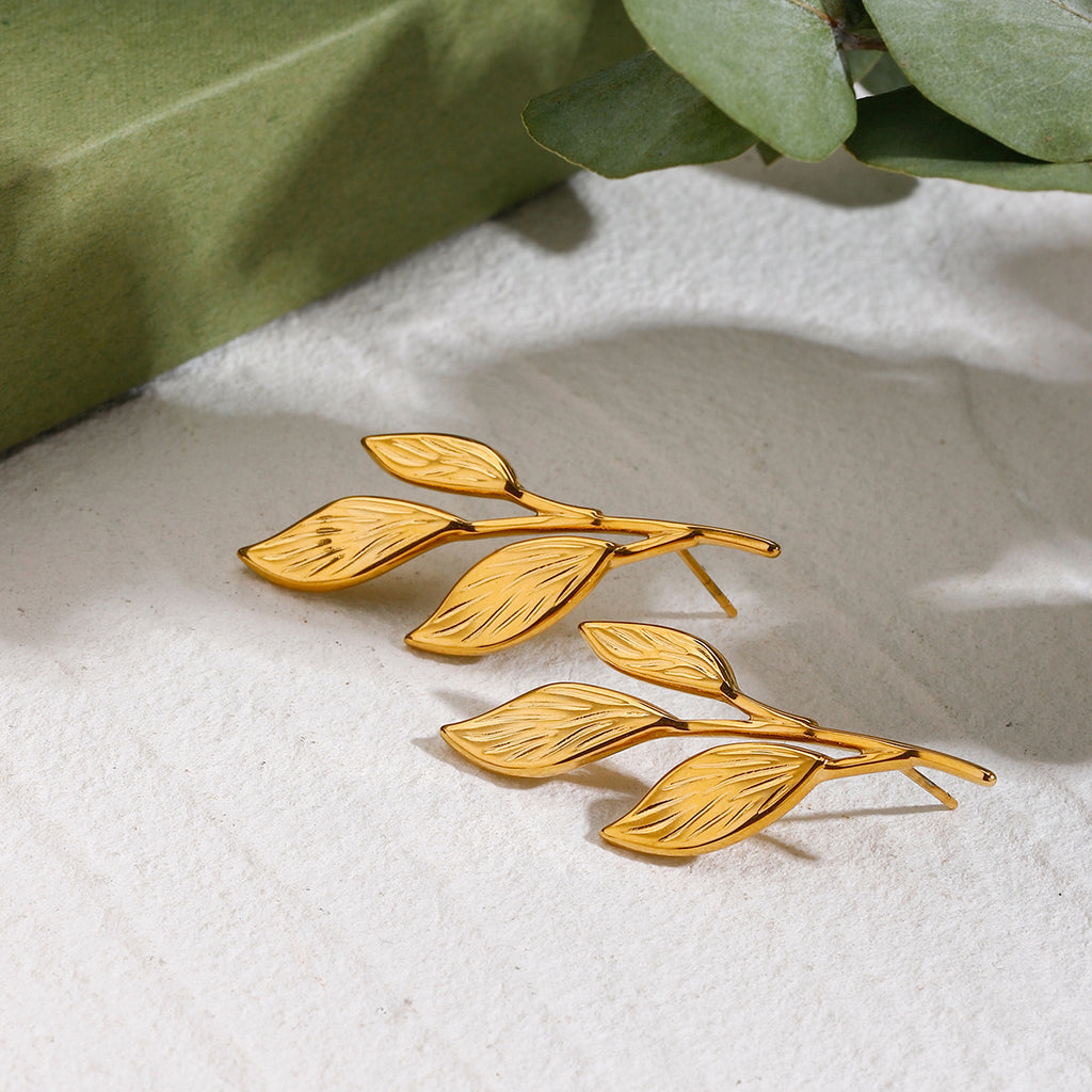 18K gold stainless steel leaf earrings