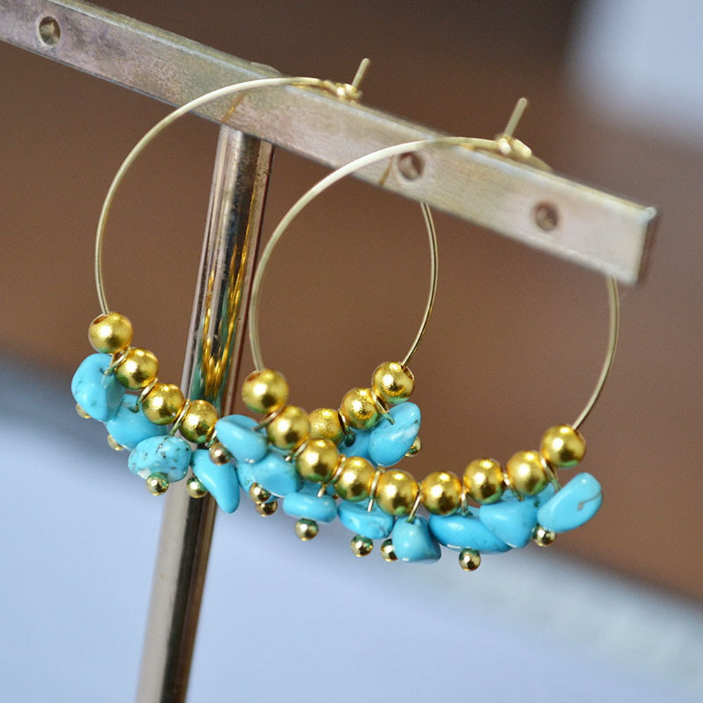 Irregular turquoise crushed stone beaded circle earrings
