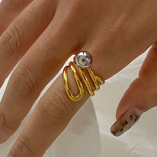 A stainless steel, gold and silver dual-color, multi-layer steel ball open ring