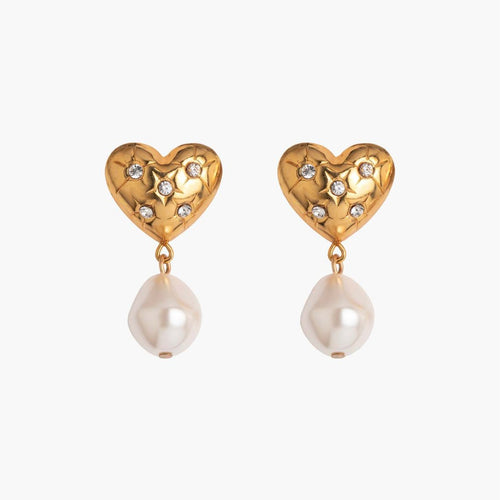 Stainless steel heart-shaped pearl zircon earrings
