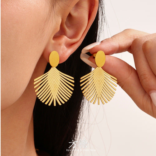 Golden stainless steel ocean beach leaf tree texture earrings