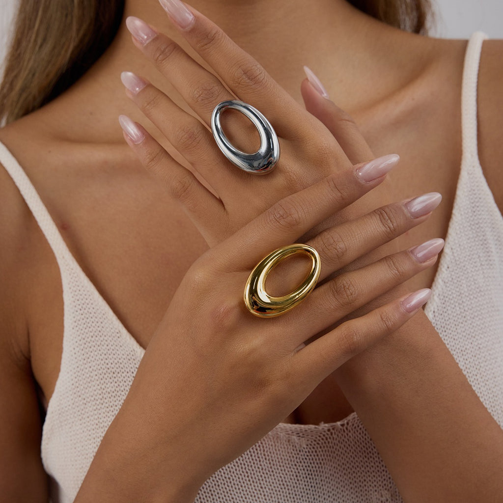 Stainless steel geometric oval hollowed-out ring