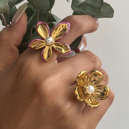 Stainless steel flower pearl ring