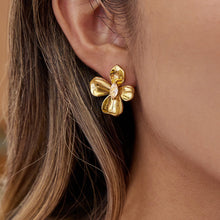 Load image into Gallery viewer, Golden stainless steel flower zircon earrings