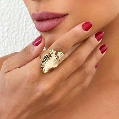 Golden stainless steel ginkgo leaf open ring