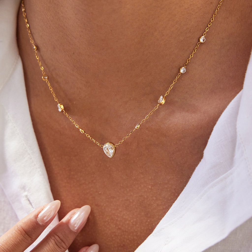 Stainless steel electroplated 18K gold white teardrop zircon necklace